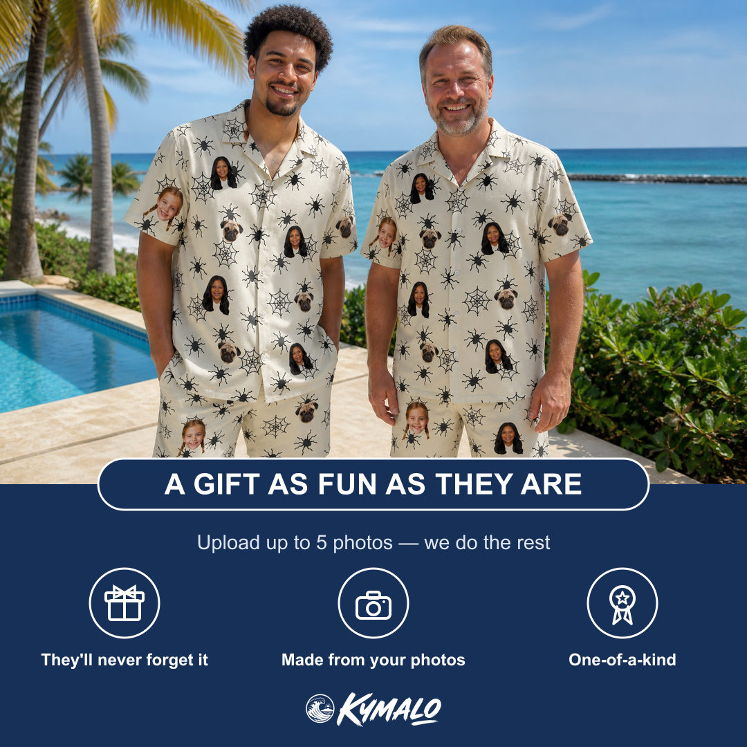Friends in matching Men's Tangle Terror Custom Face Shirt & Shorts Set — a group gift photo
