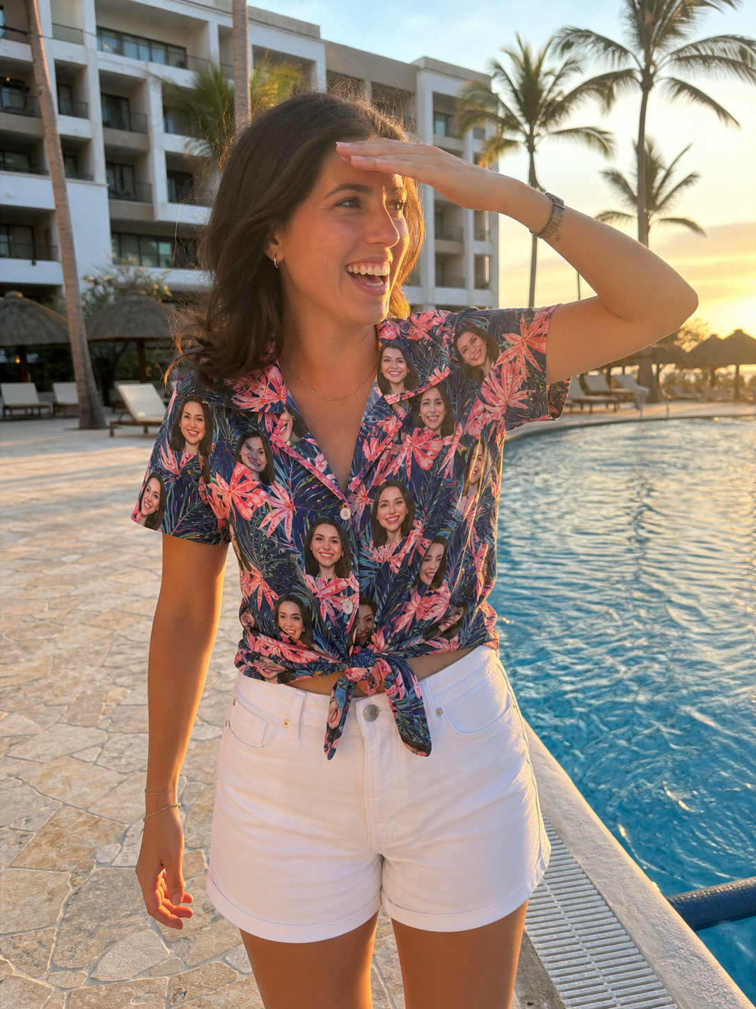Custom face Hawaiian shirt by the pool at sunset