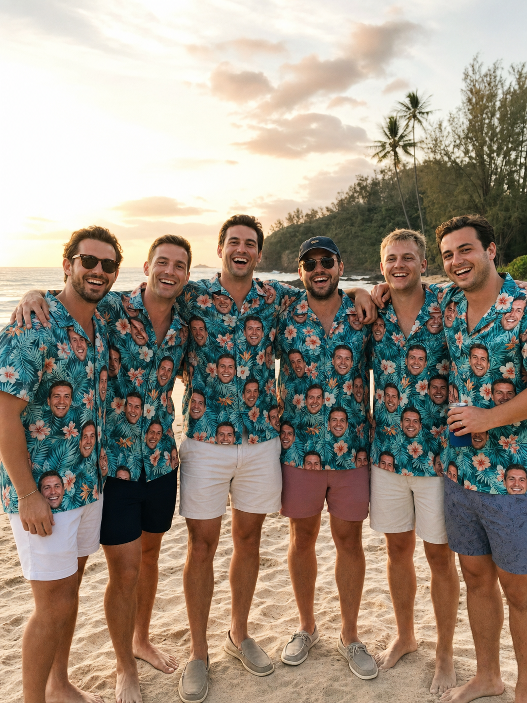 Matching custom face Hawaiian shirts on the beach