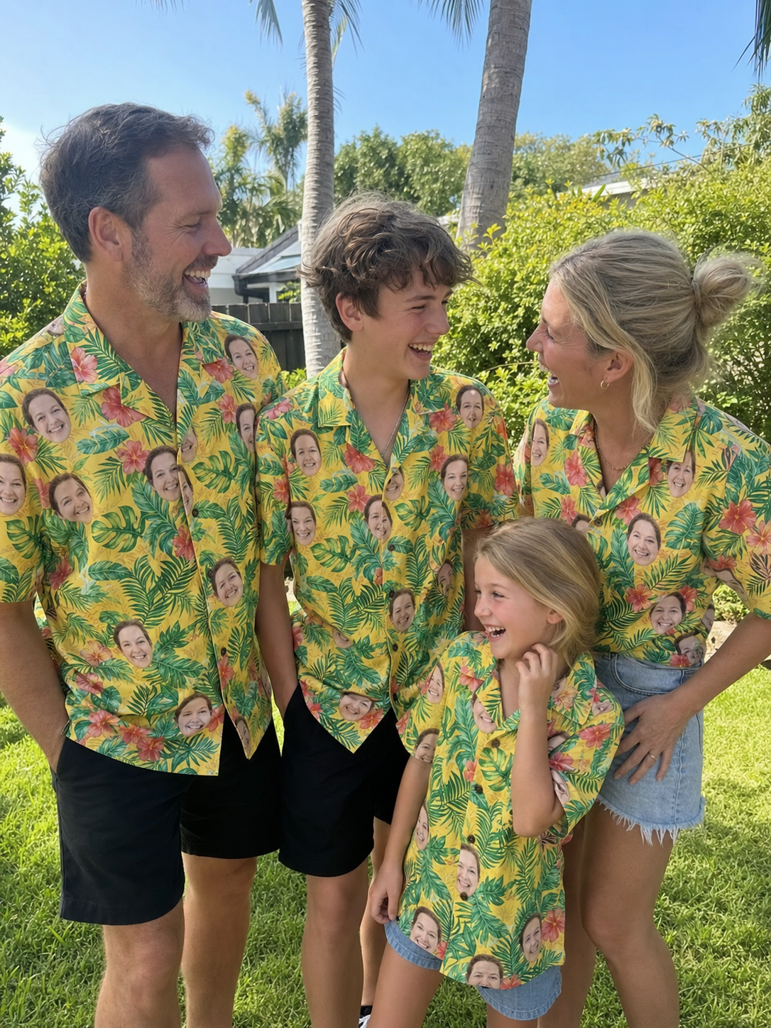 Family in matching custom face Hawaiian shirts