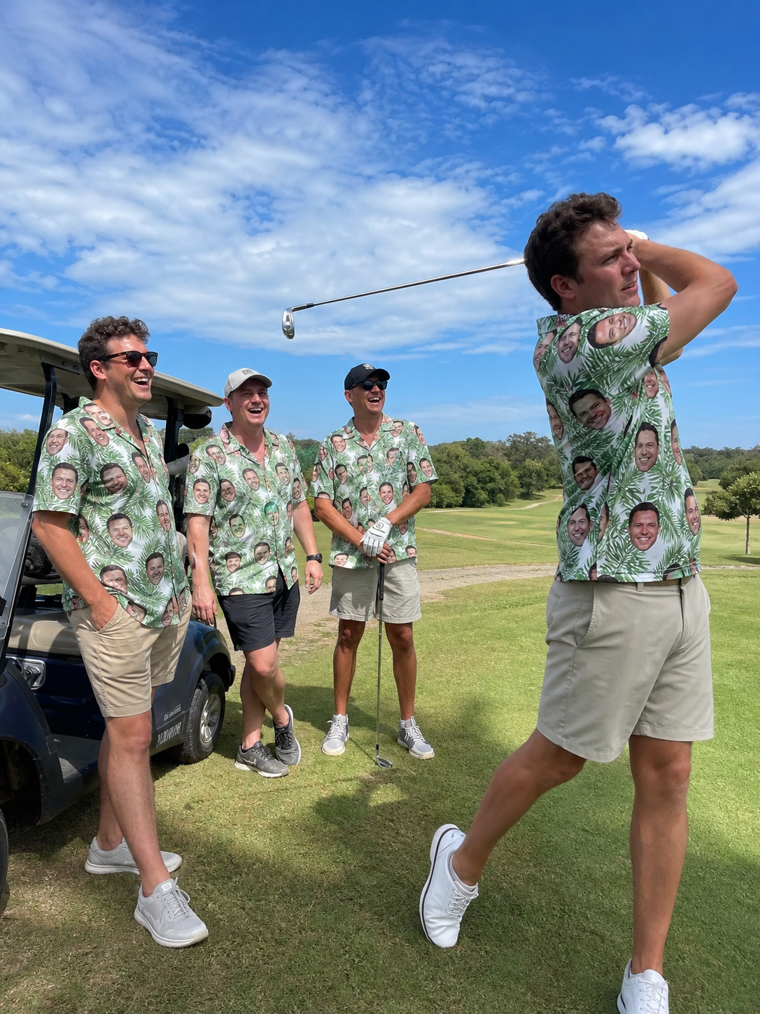 Matching custom face Hawaiian shirts on the golf course
