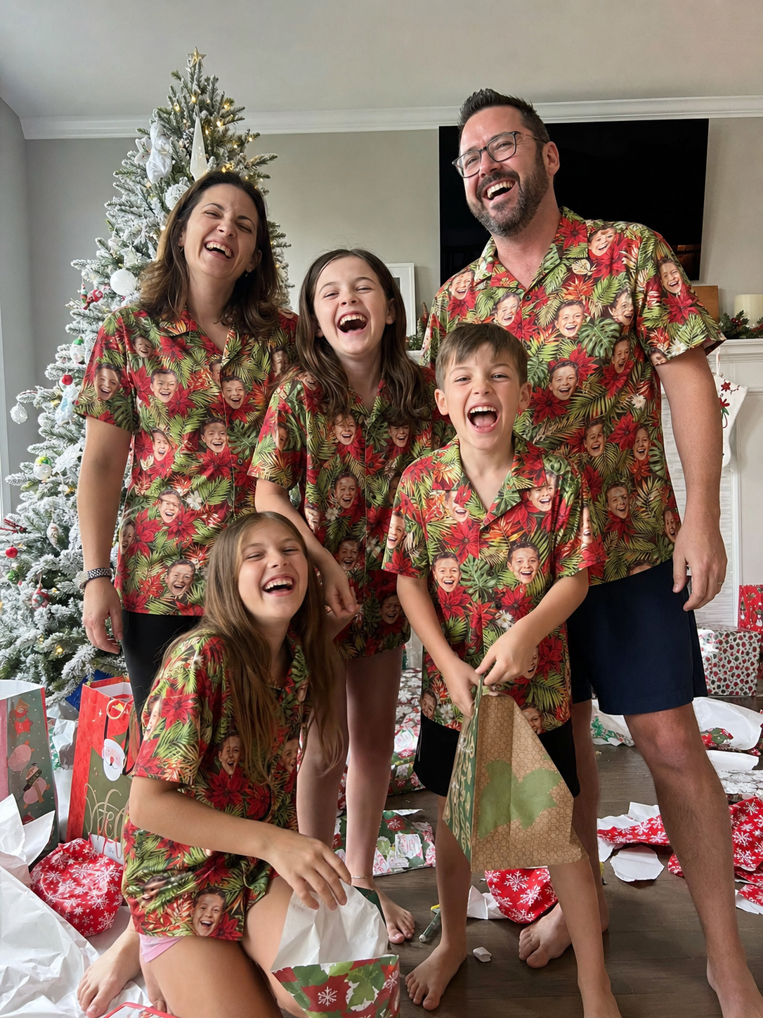 Family in matching custom face Hawaiian shirts at Christmas