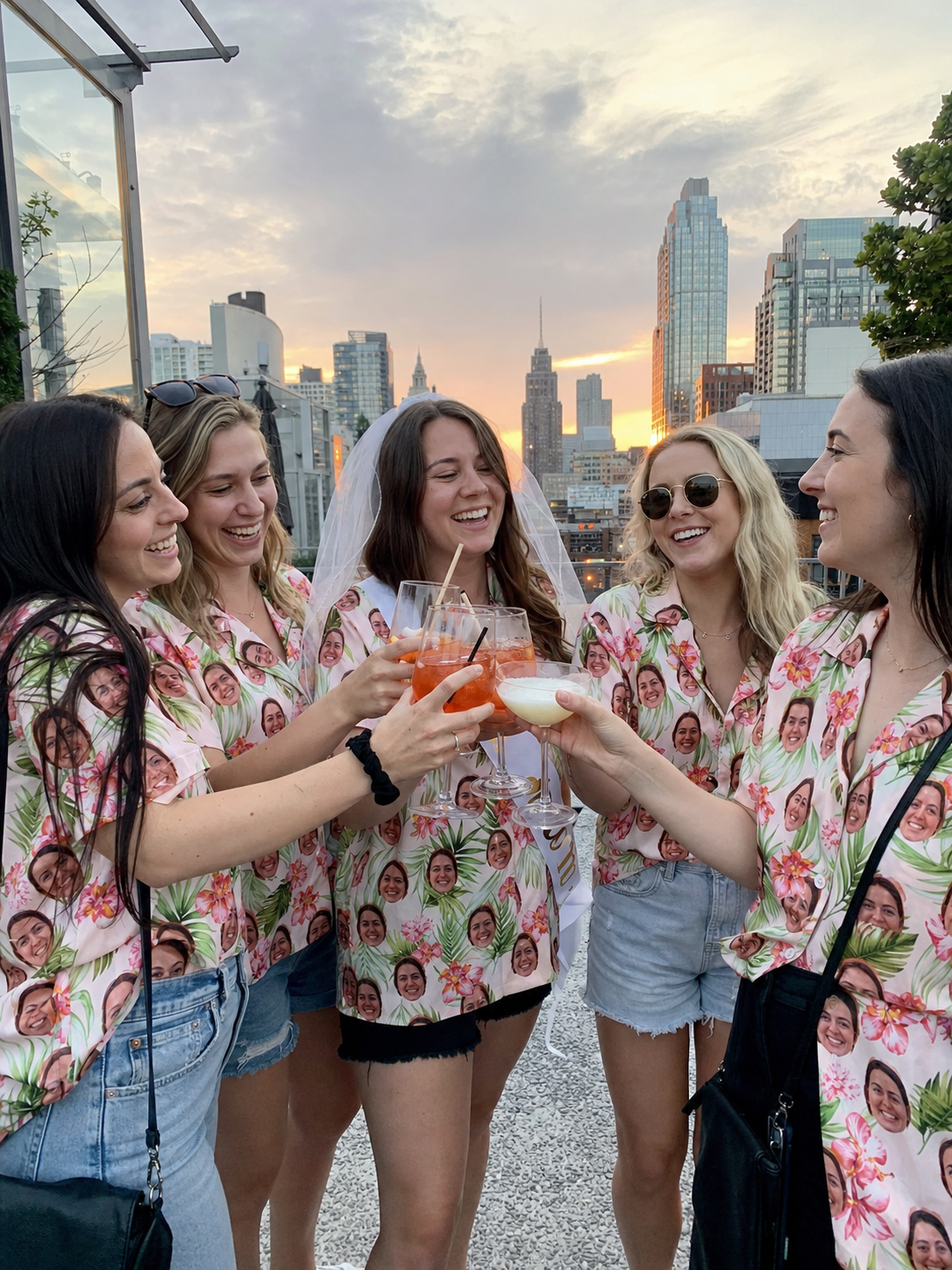 Bachelorette party in matching custom face Hawaiian shirts