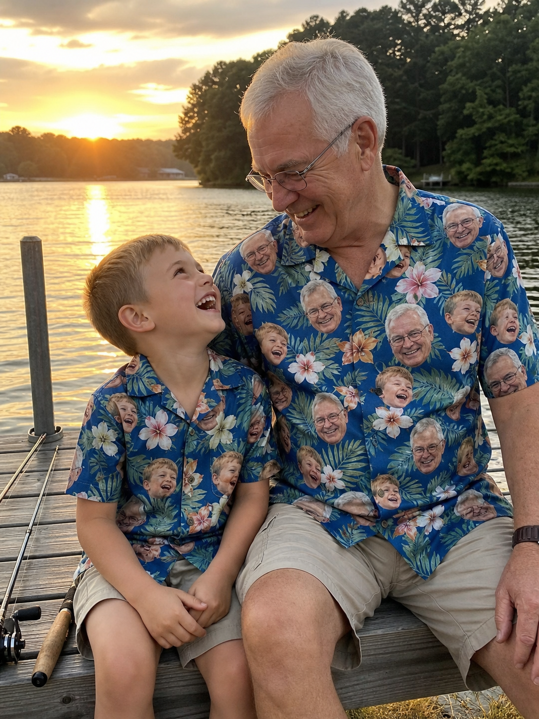 Grandfather and grandson in matching custom face Hawaiian shirts