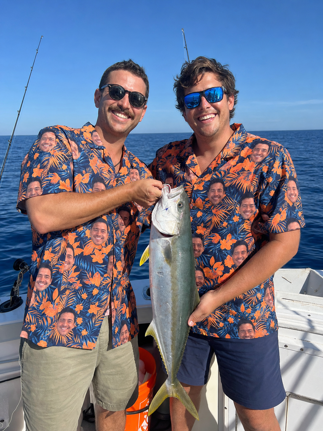 Two friends fishing in matching custom face Hawaiian shirts