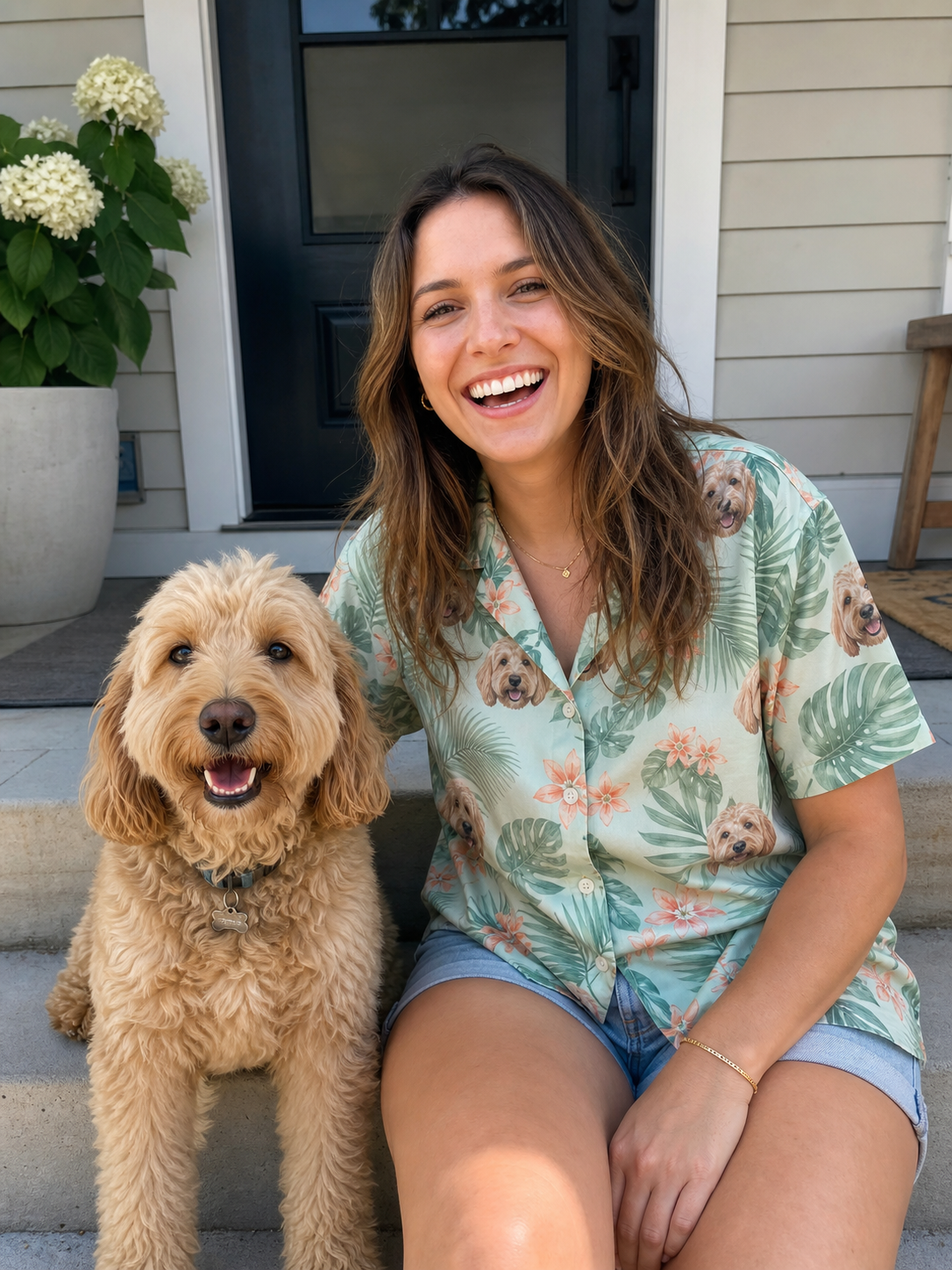 Woman wearing a Hawaiian shirt printed with her dog
