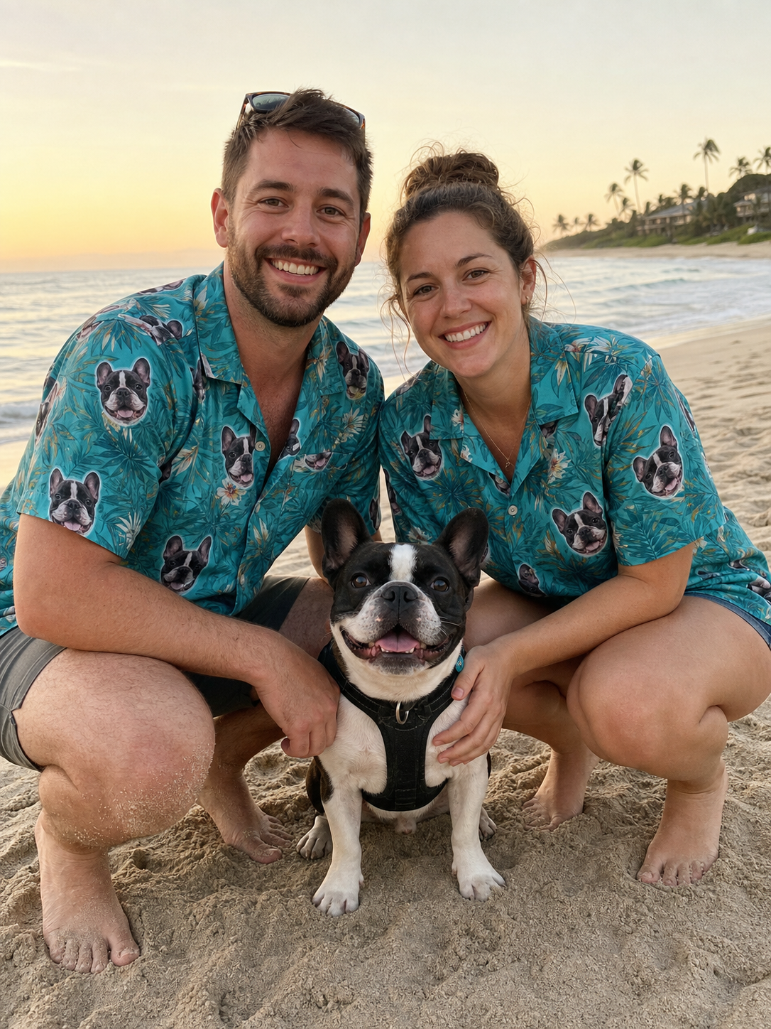 Couple wearing Hawaiian shirts printed with their french bulldog