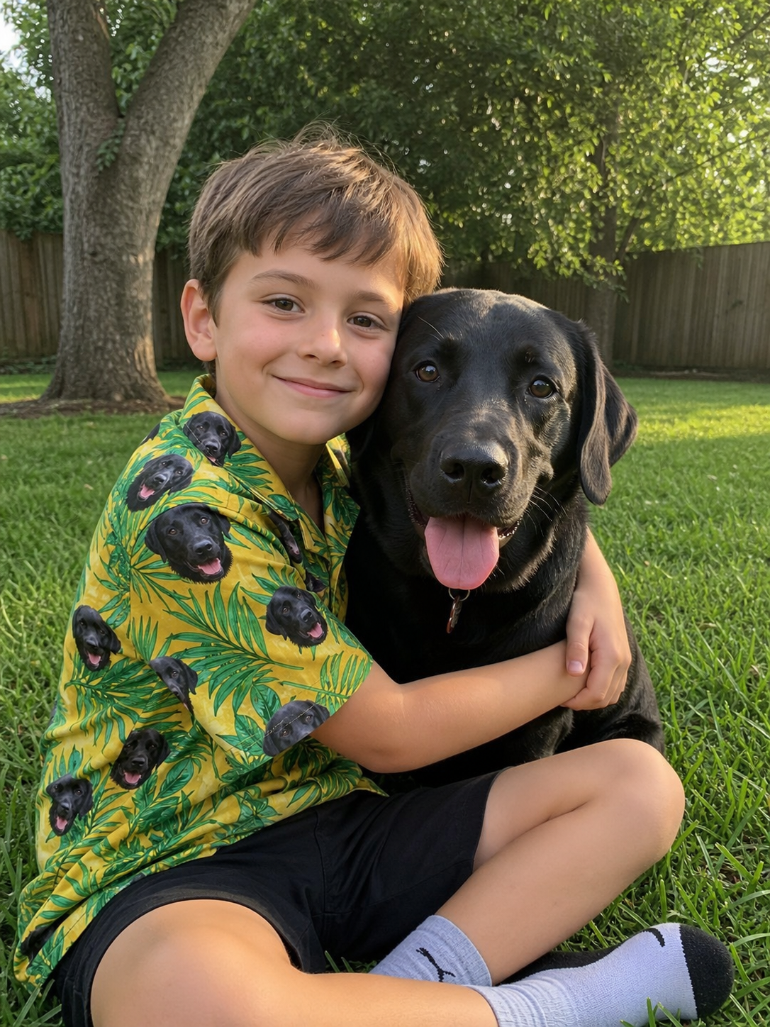 Boy wearing a Hawaiian shirt printed with his labrador