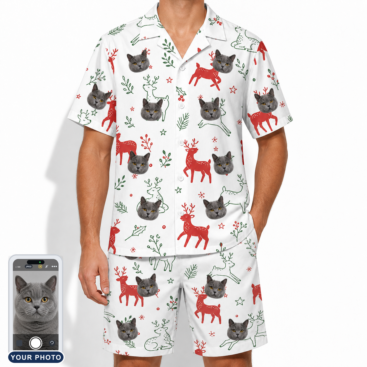 Men's Rudolph Ruckus Custom Cat Face Shirt & Shorts Set