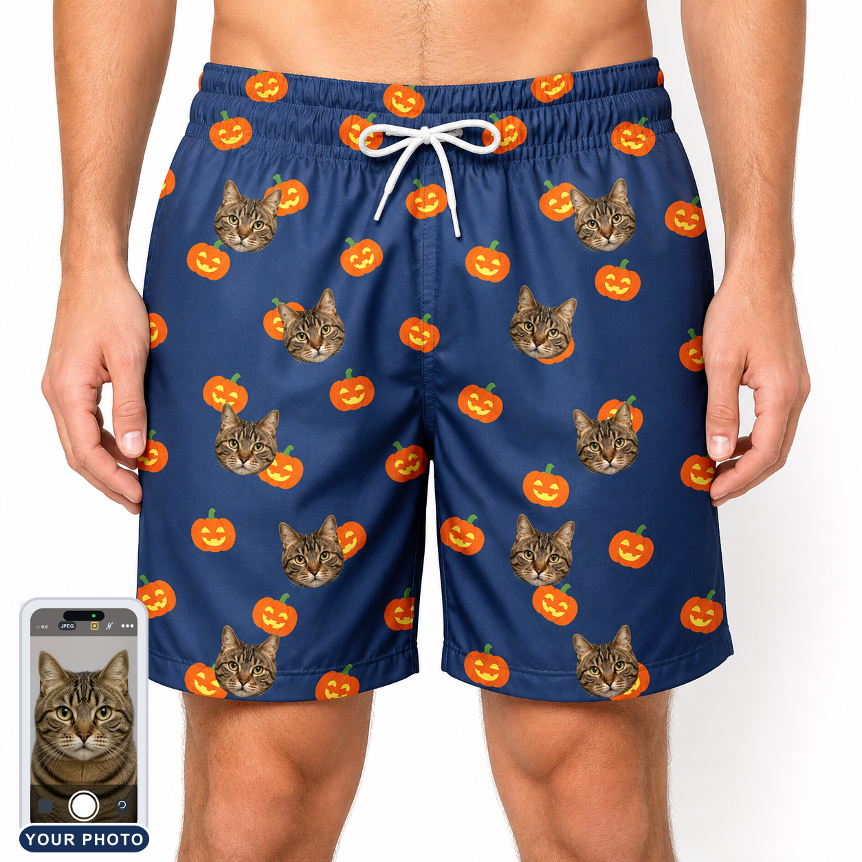 Men's Orange Oddities Custom Cat Face Beach Shorts
