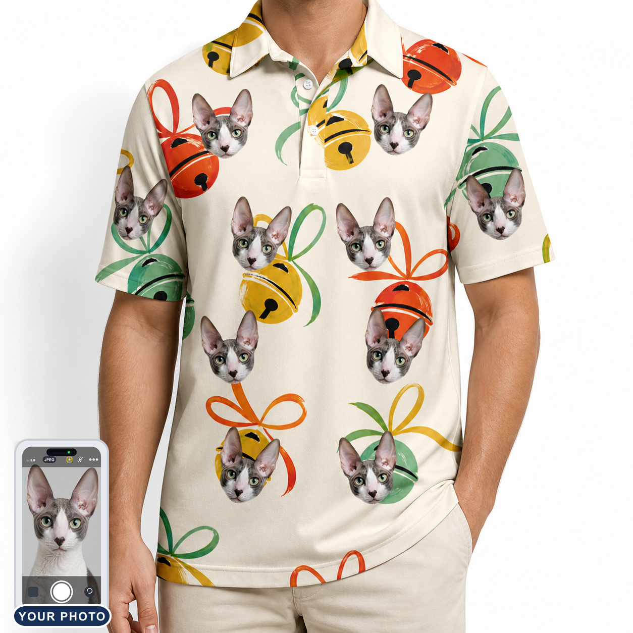 Men's Sleigh Bells Custom Cat Face Polo Shirt