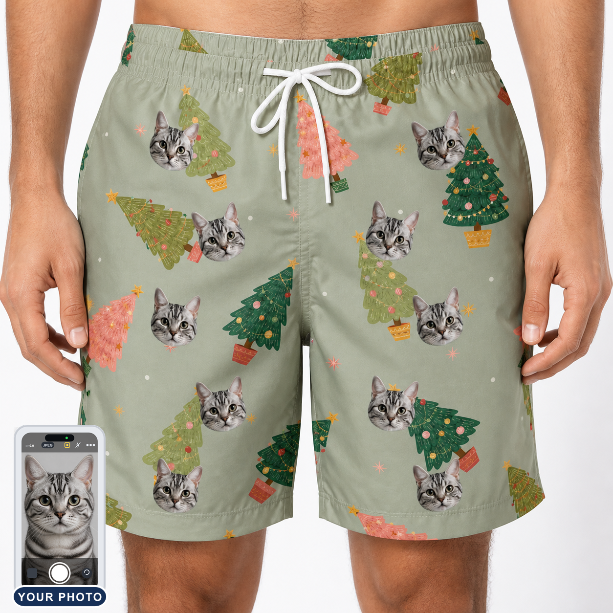 Men's Trimmed Tannenbaums Custom Cat Face Beach Shorts