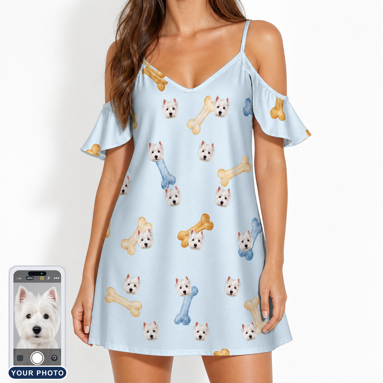 Women's Molar Morsels Custom Dog Face Off-Shoulder Dress