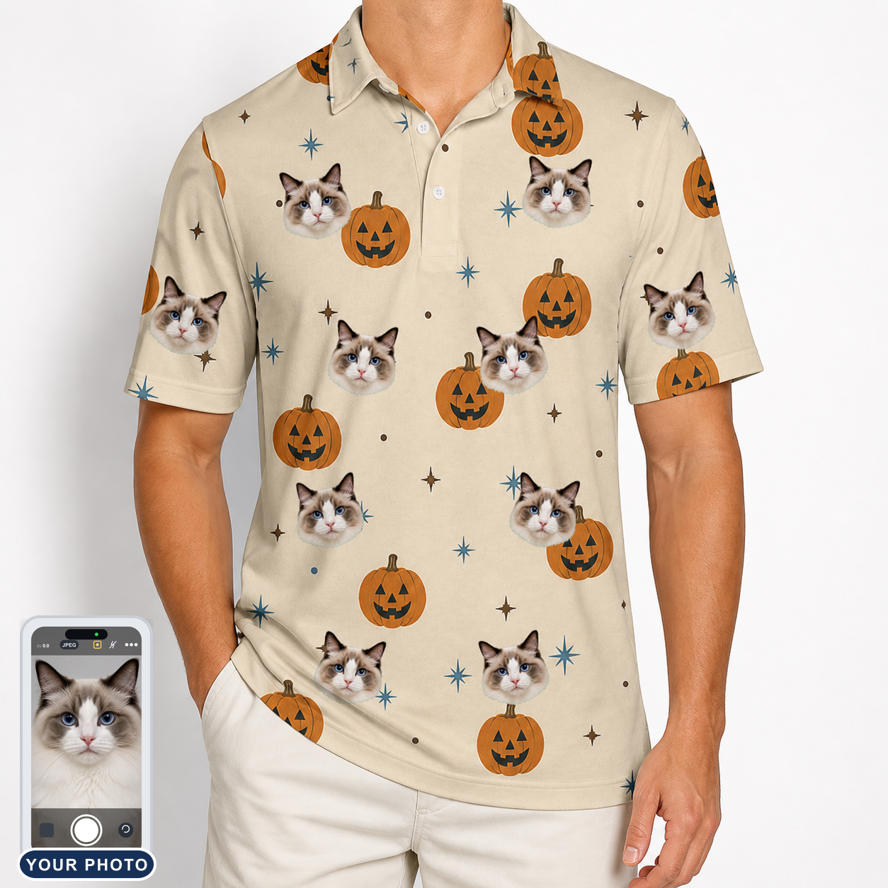 Men's Lantern Laughs Custom Cat Face Polo Shirt