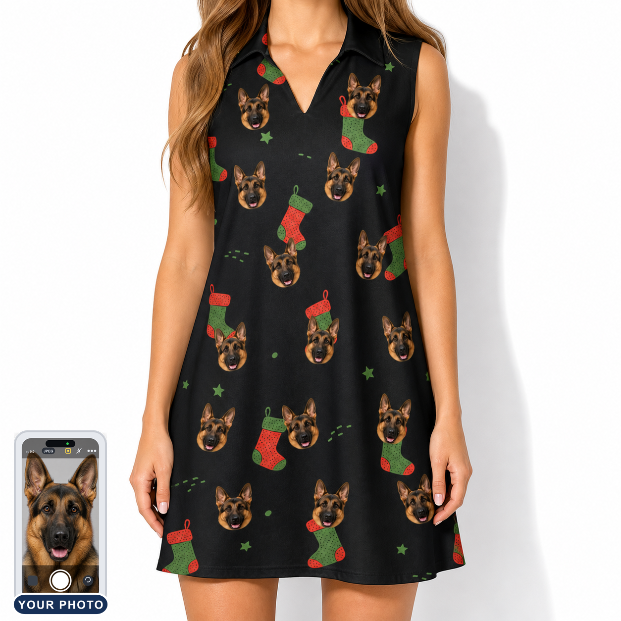 Women's Stocking Stuffer Custom Dog Face V-Neck Dress