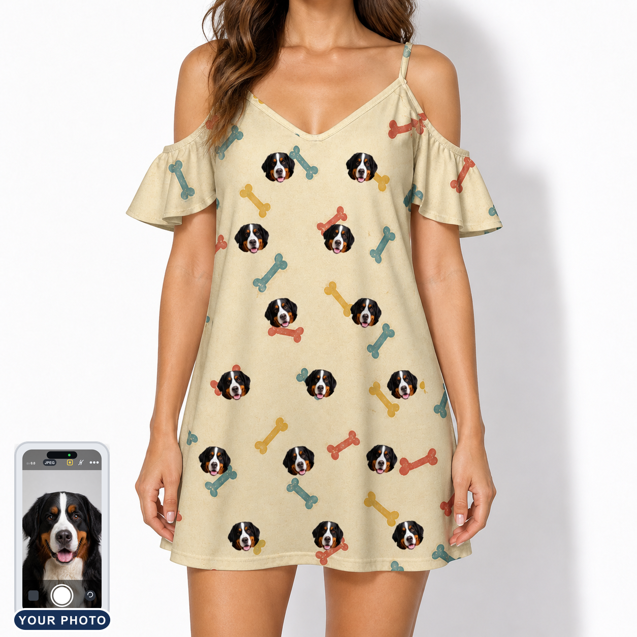 Women's Chewsy Chompers Custom Dog Face Off-Shoulder Dress