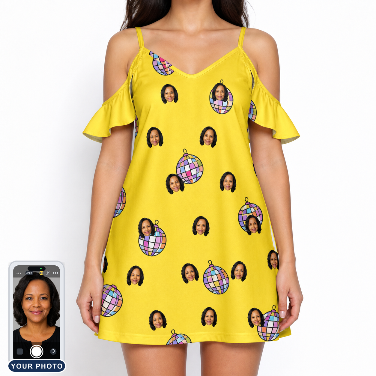 Women's Mirrorball Mischief Custom Face Off-Shoulder Dress