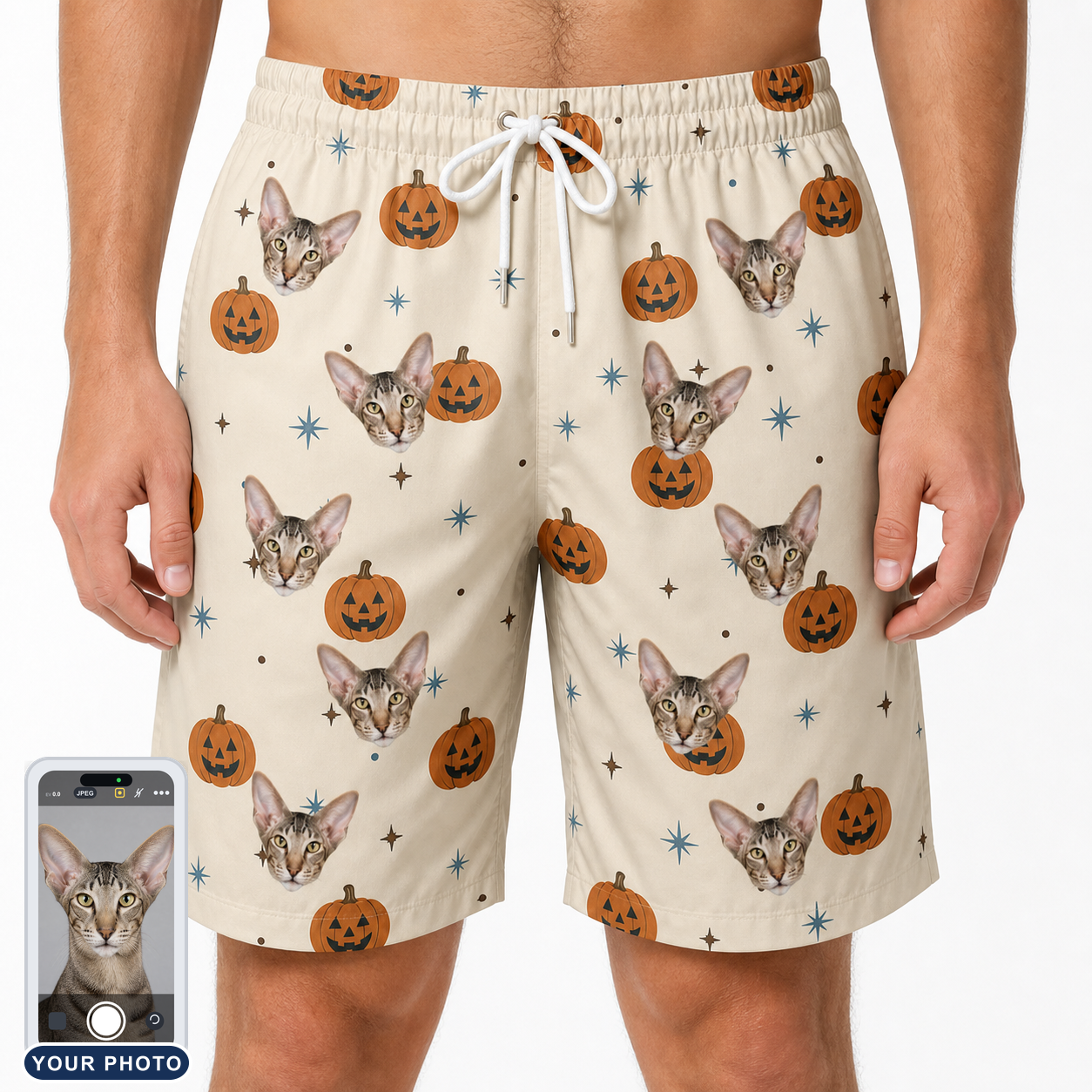 Men's Lantern Laughs Custom Cat Face Beach Shorts