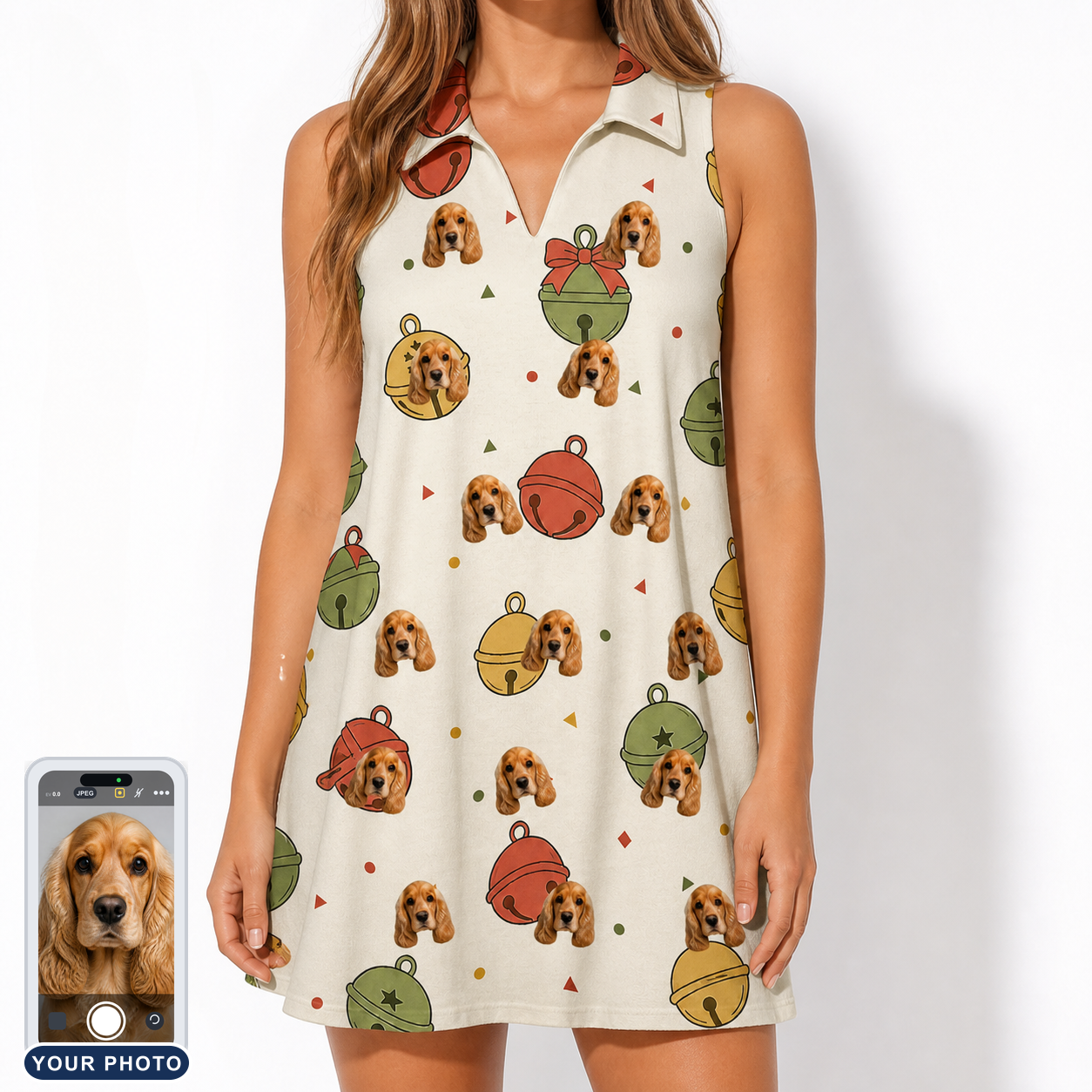 Women's Chime Charms Custom Dog Face V-Neck Dress