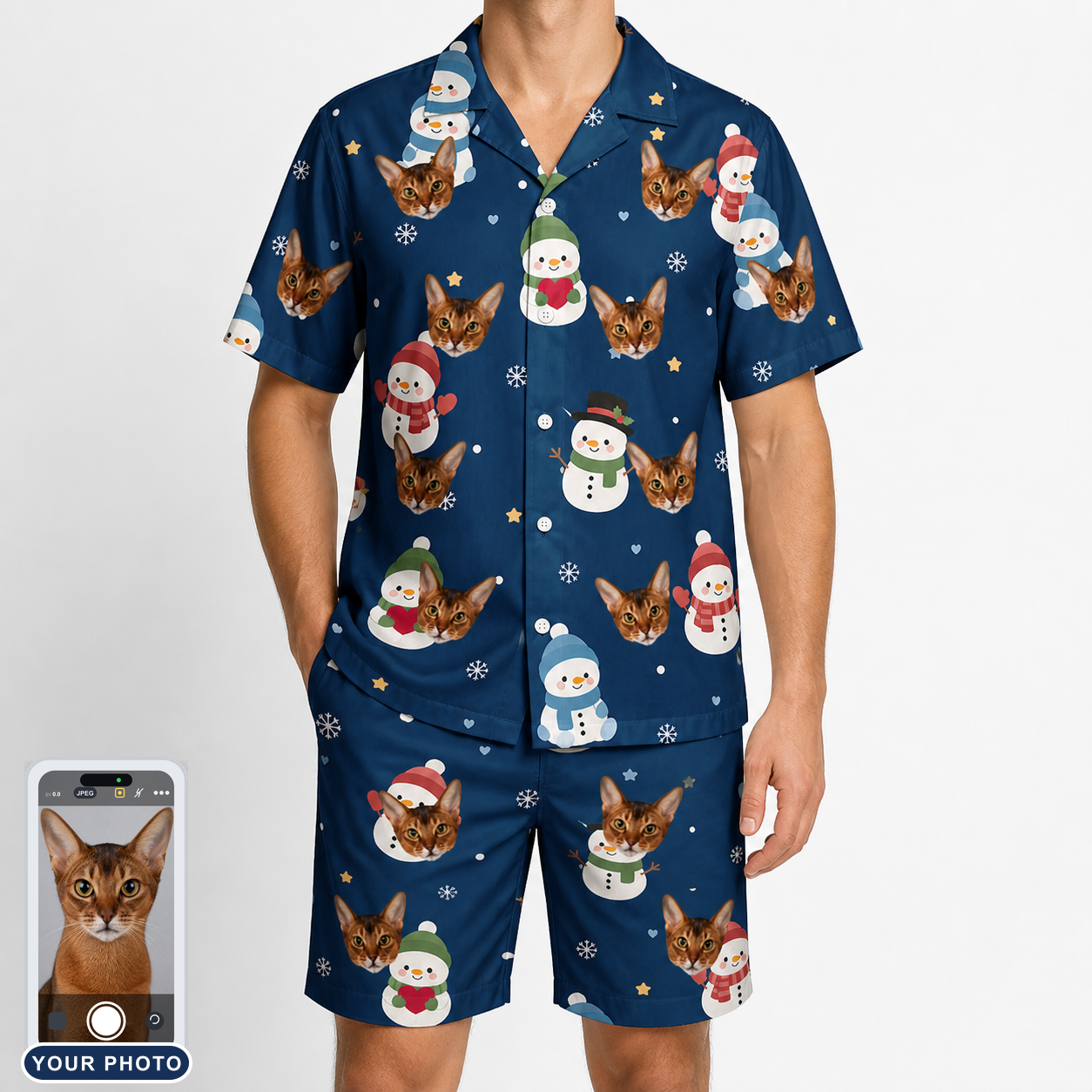 Men's Snowman Shenanigans Custom Cat Face Shirt & Shorts Set