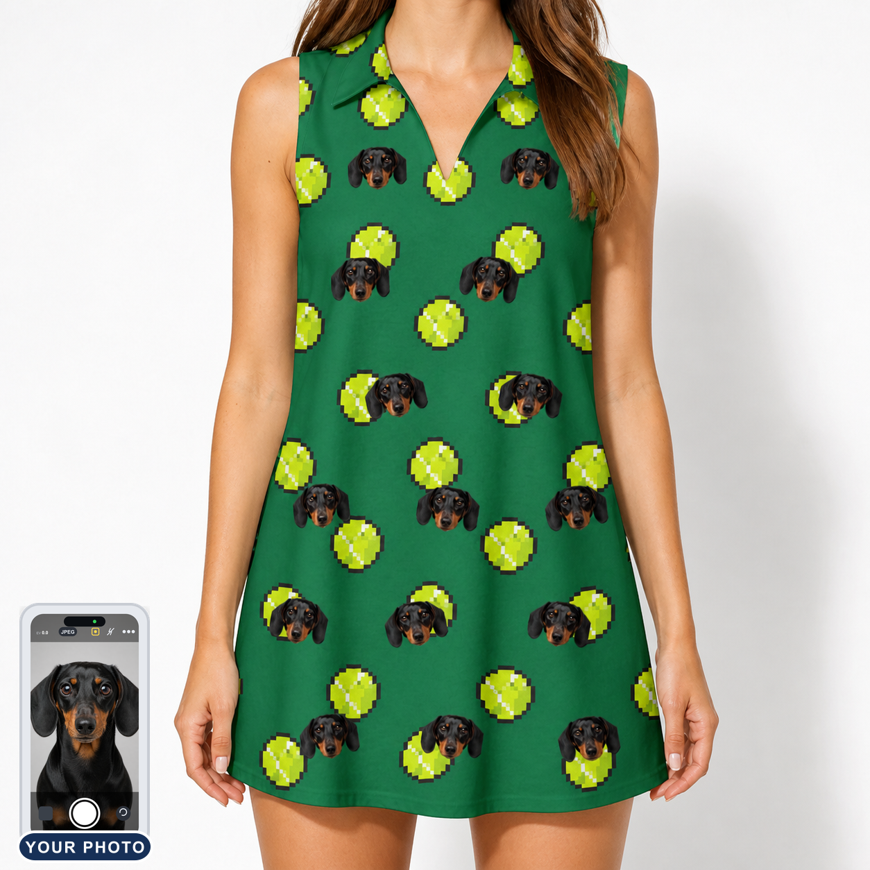 Women's Tennis Tails Custom Dog Face V-Neck Dress