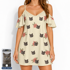 Women's Poinsettia Pop Custom Cat Face Off-Shoulder Dress