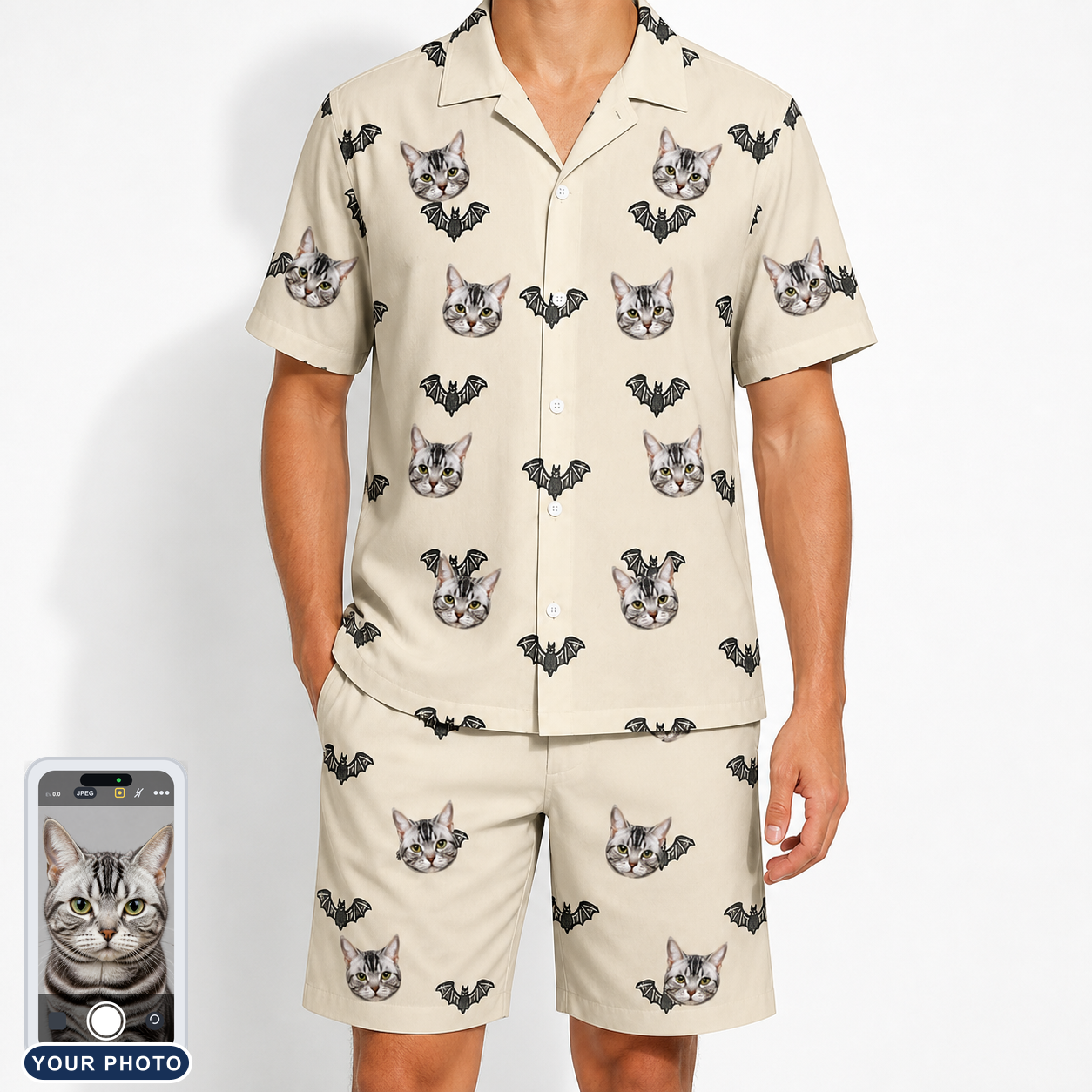 Men's Winged Whispers Custom Cat Face Shirt & Shorts Set