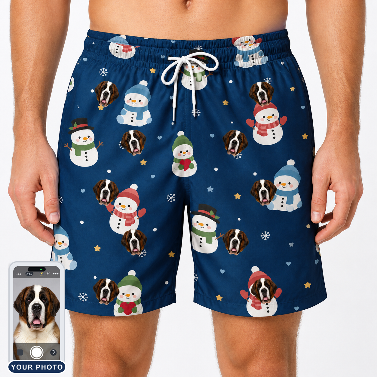 Men's Snowman Shenanigans Custom Dog Face Beach Shorts