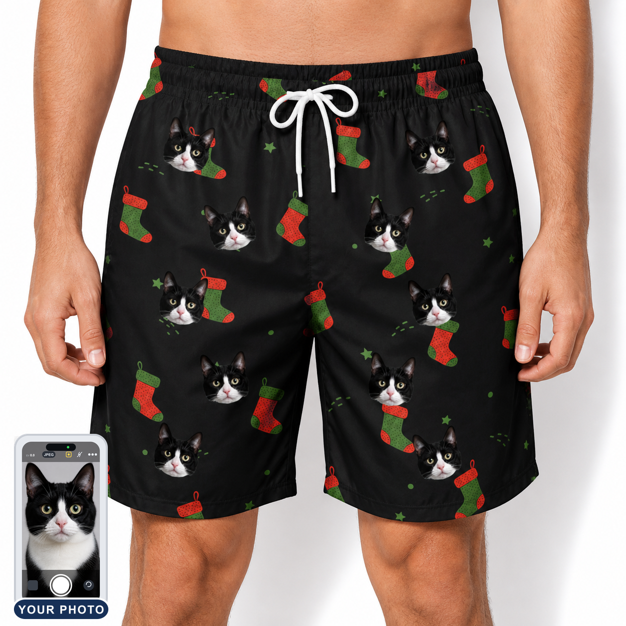 Men's Stocking Stuffer Custom Cat Face Beach Shorts
