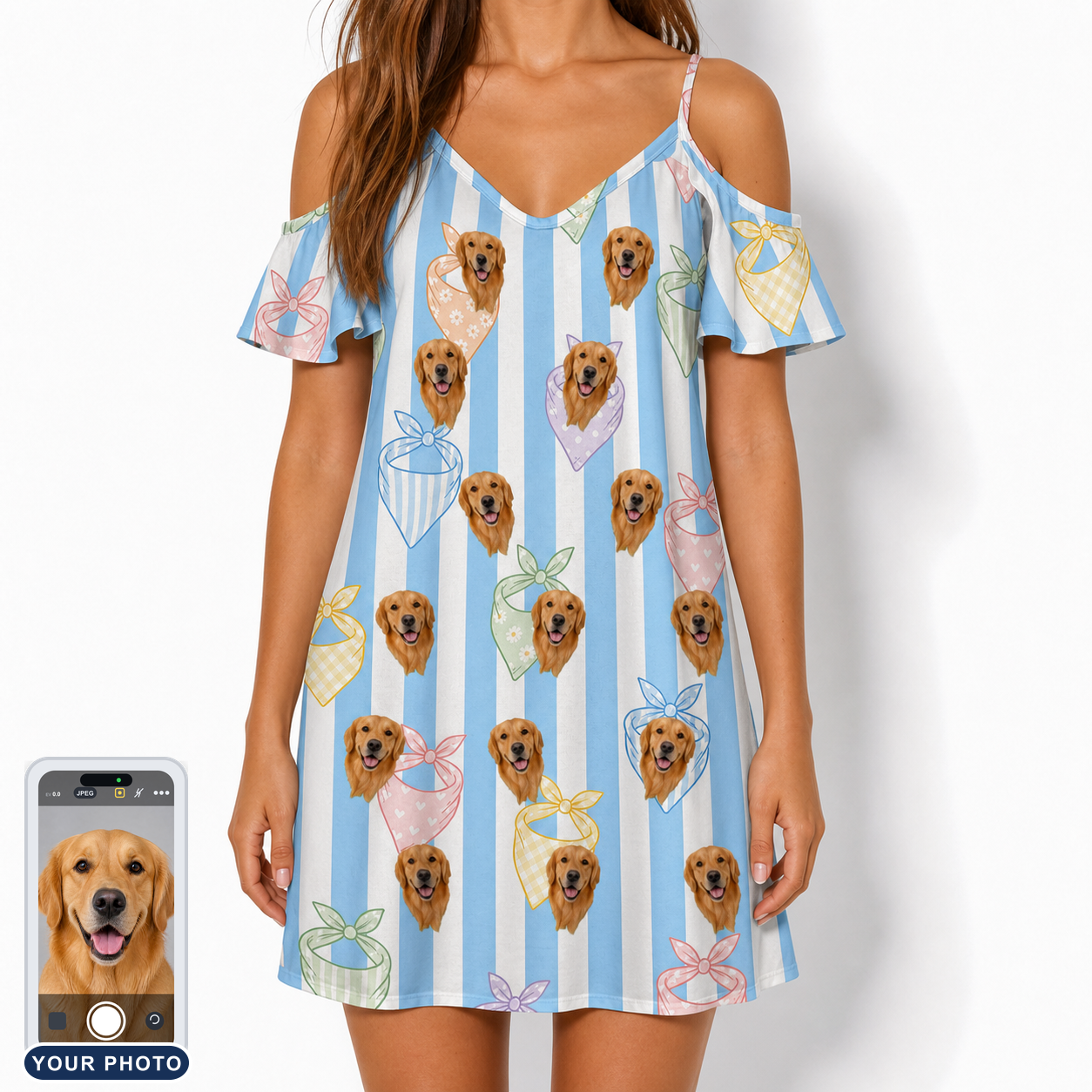 Women's Paisley Pooches Custom Dog Face Off-Shoulder Dress
