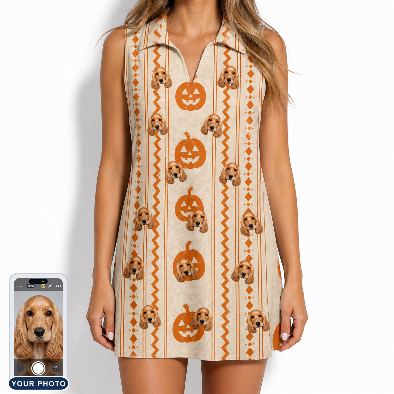 Women's Spooky Squash Custom Dog Face V-Neck Dress