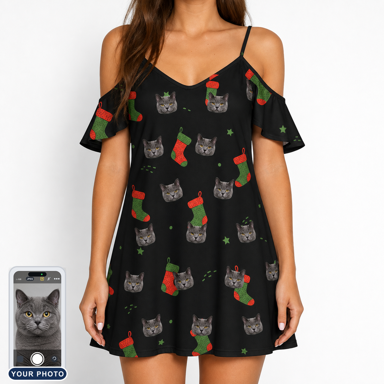 Women's Stocking Stuffer Custom Cat Face Off-Shoulder Dress