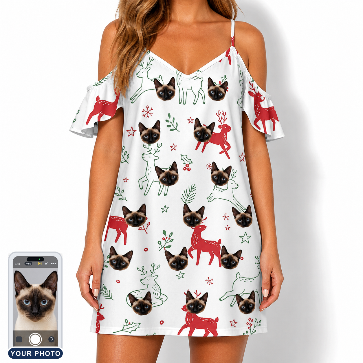 Women's Rudolph Ruckus Custom Cat Face Off-Shoulder Dress