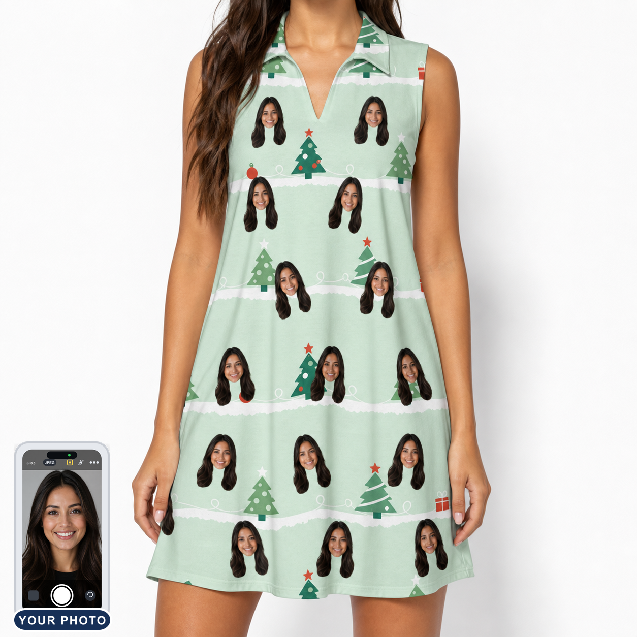 Women's Evergreen Extravaganza Custom Face V-Neck Dress