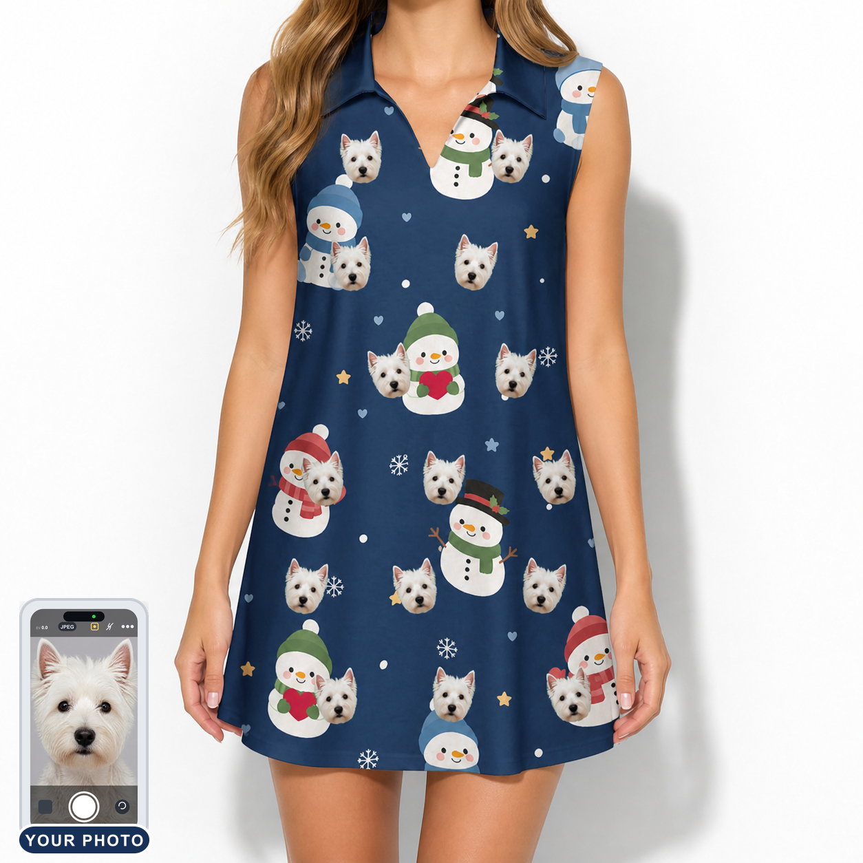 Women's Snowman Shenanigans Custom Dog Face V-Neck Dress