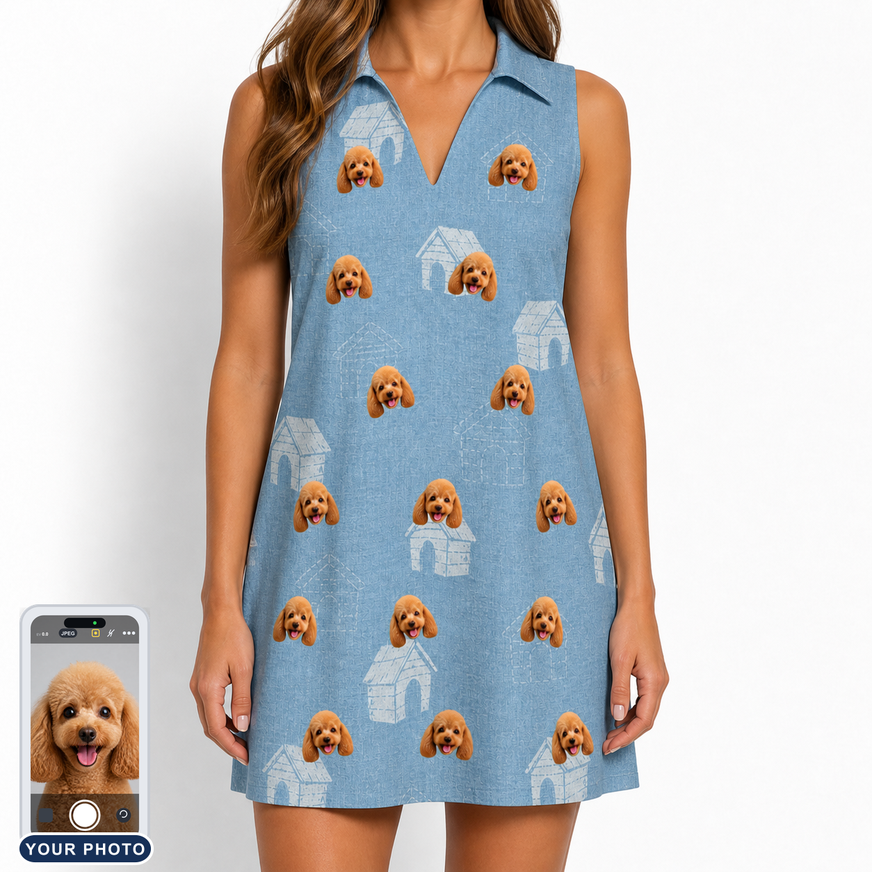 Women's Pooch Porches Custom Dog Face V-Neck Dress