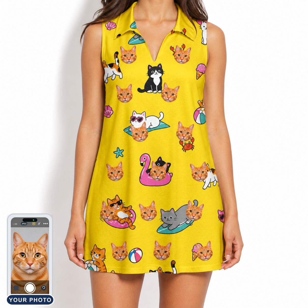 Women's Velvet Nuzzles Custom Cat Face V-Neck Dress