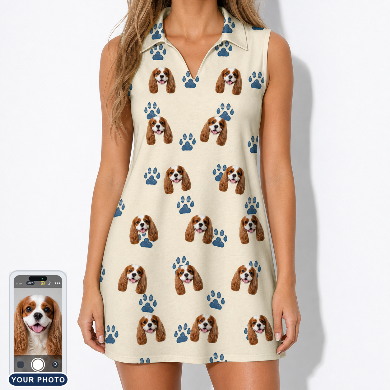 Women's Puppy Prints Custom Dog Face V-Neck Dress