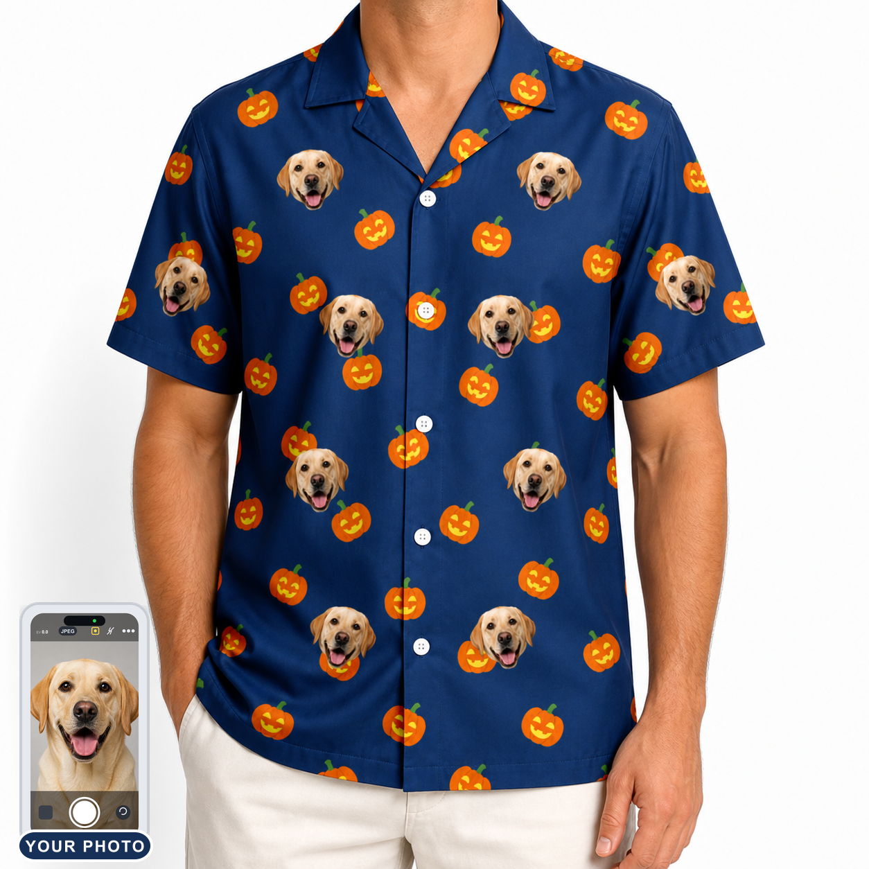 Men's Orange Oddities Custom Dog Face Hawaiian Shirt