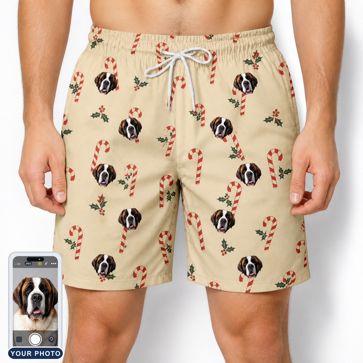 Men's Minty Mistletoe Custom Dog Face Beach Shorts