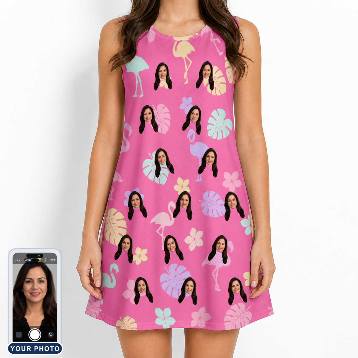 Women's Fuchsia Flock Custom Face Tank Dress