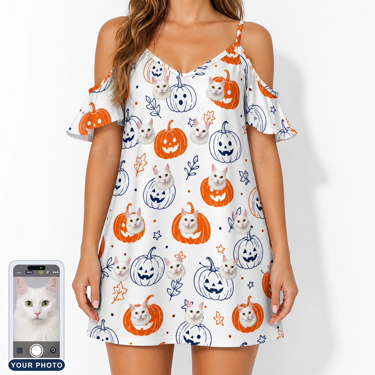 Women's Jack O'Jitters Custom Cat Face Off-Shoulder Dress