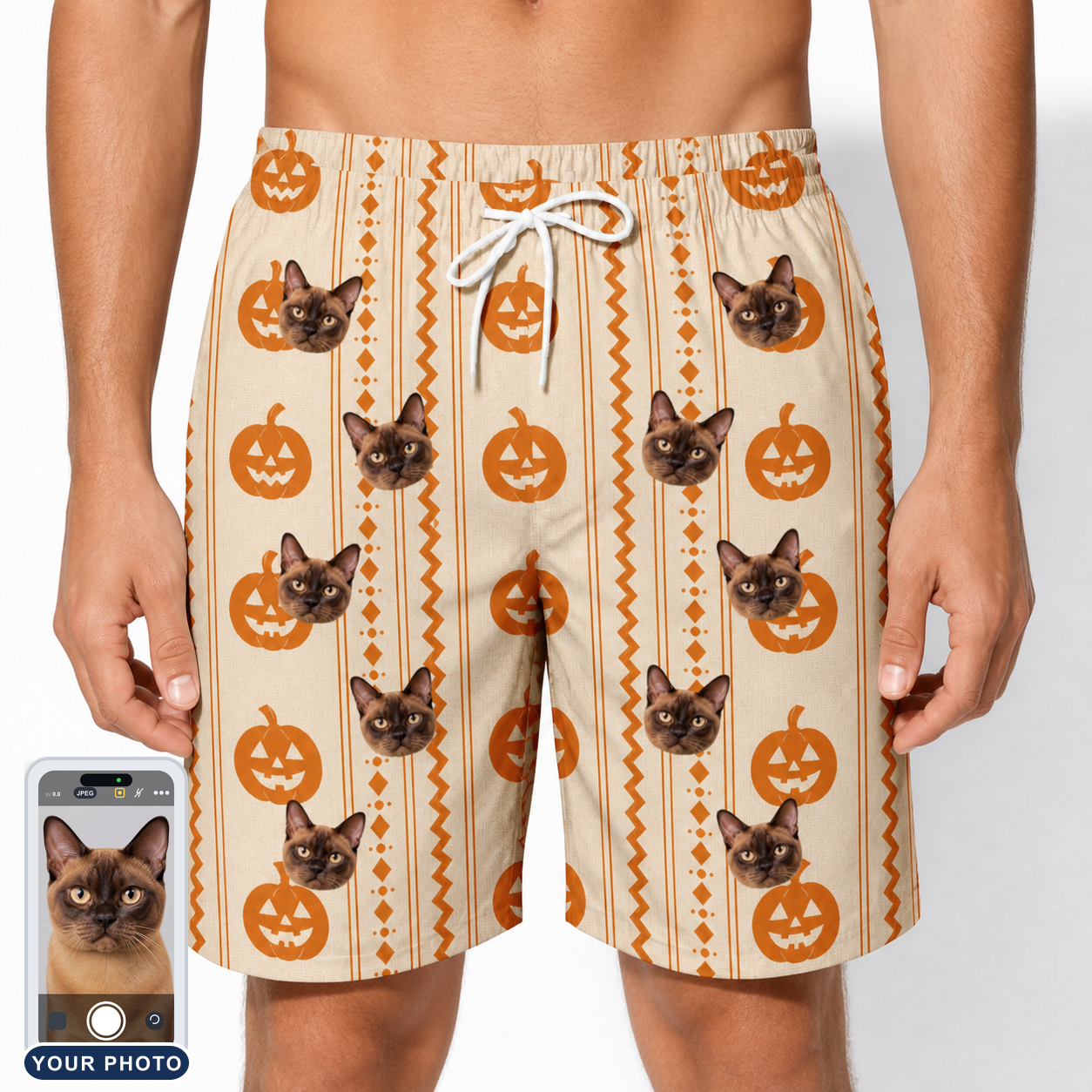 Men's Spooky Squash Custom Cat Face Beach Shorts