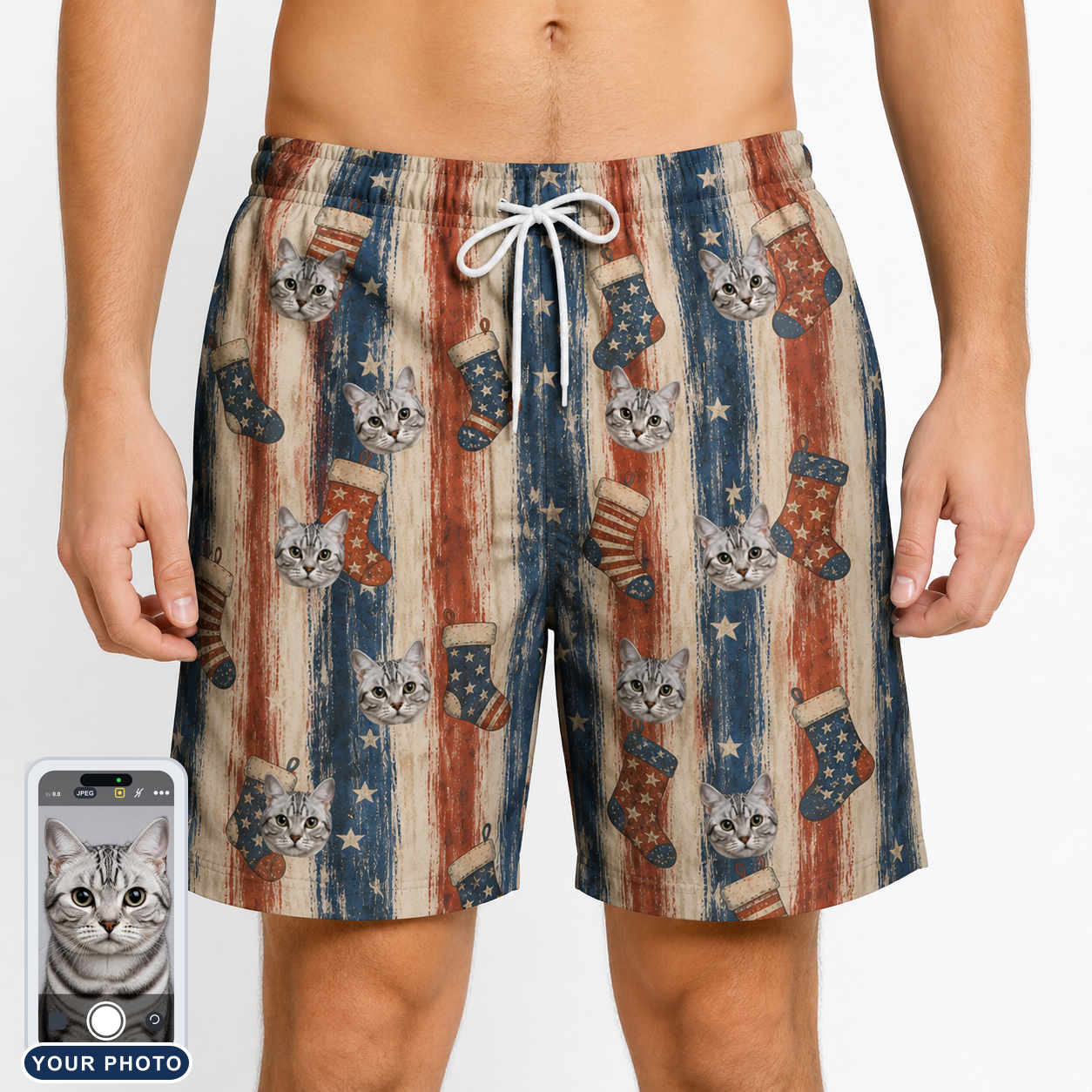 Men's Christmas Cuffs Custom Cat Face Beach Shorts