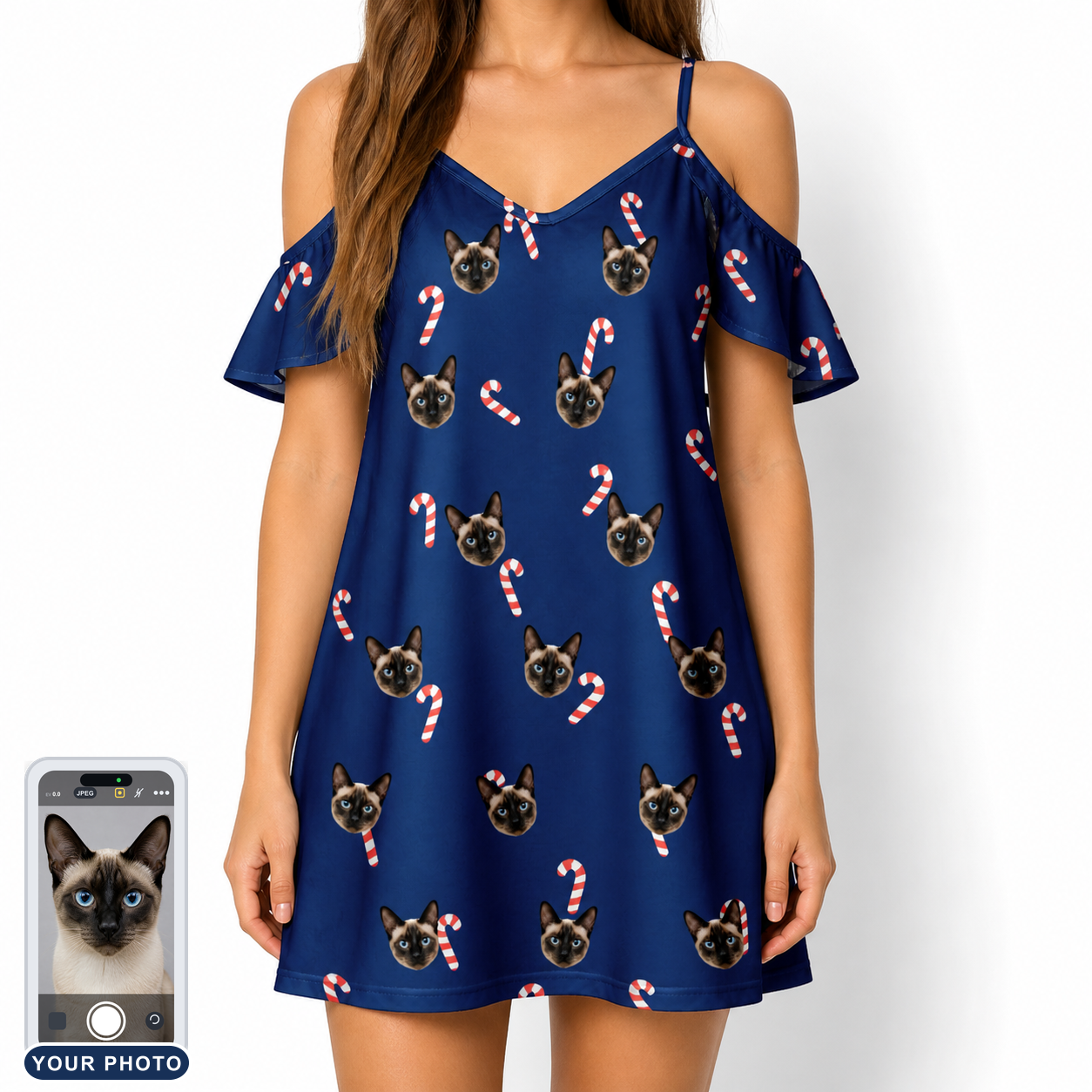 Women's Peppermint Pizzazz Custom Cat Face Off-Shoulder Dress