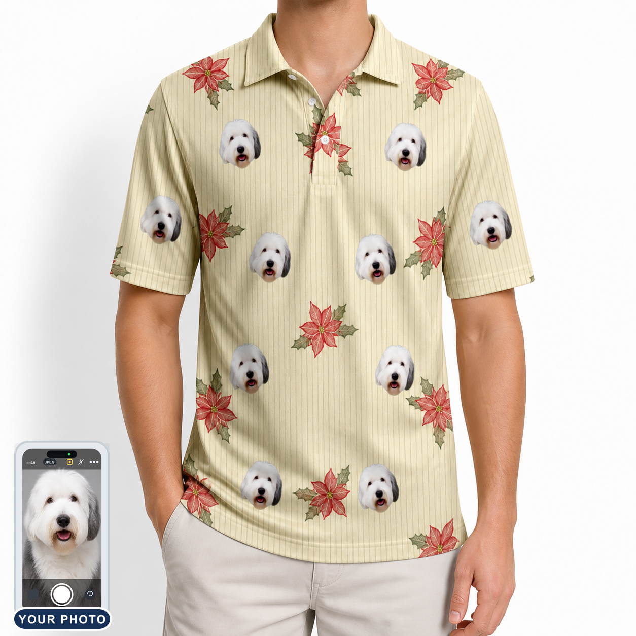 Men's Poinsettia Pop Custom Dog Face Polo Shirt
