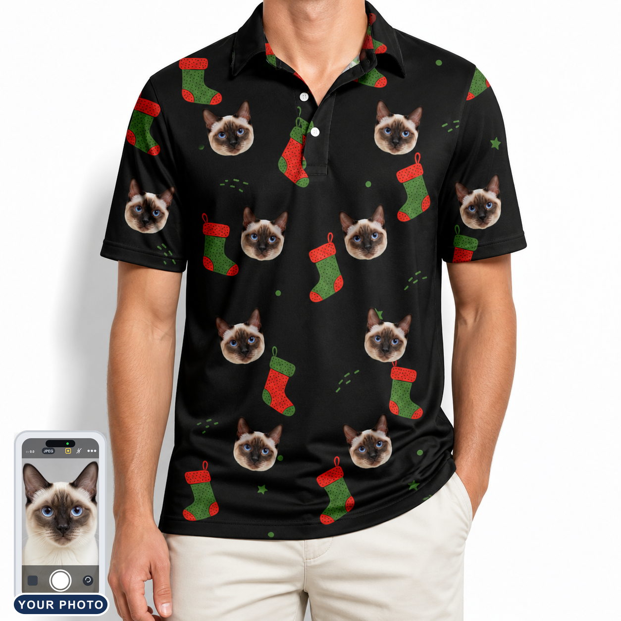 Men's Stocking Stuffer Custom Cat Face Polo Shirt