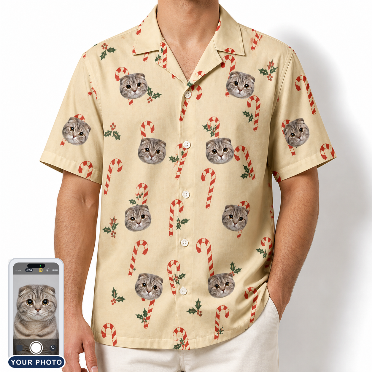 Men's Minty Mistletoe Custom Cat Face Hawaiian Shirt