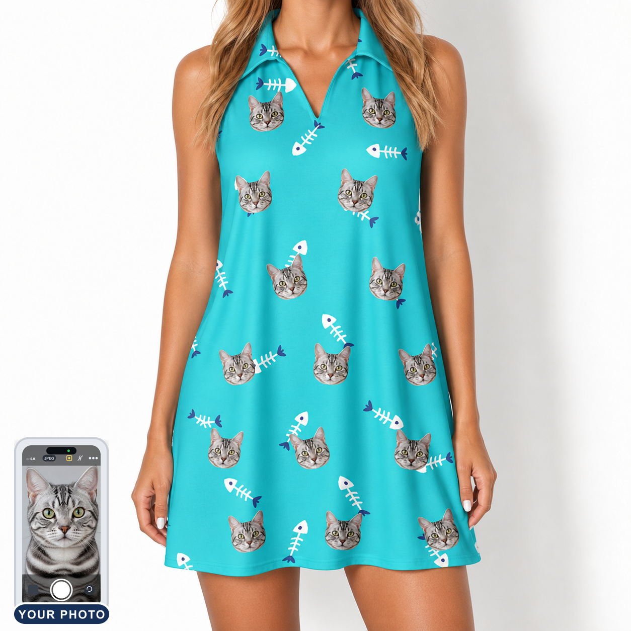 Women's Purrfect Pisces Custom Cat Face V-Neck Dress