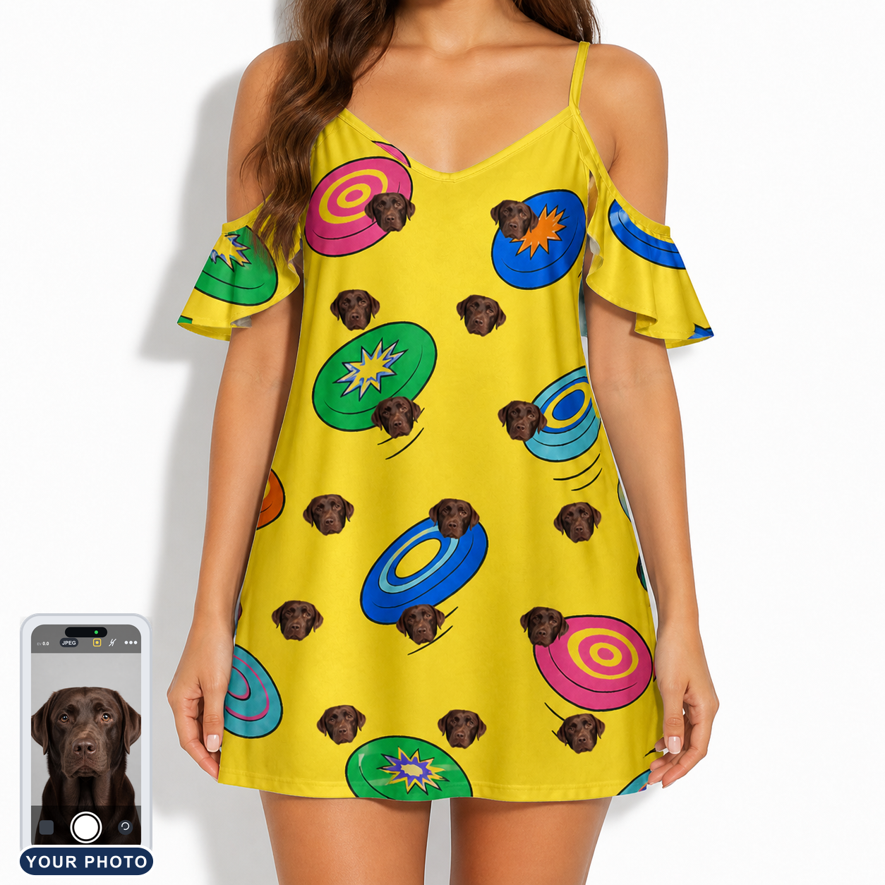 Women's Fetch Flight Custom Dog Face Off-Shoulder Dress